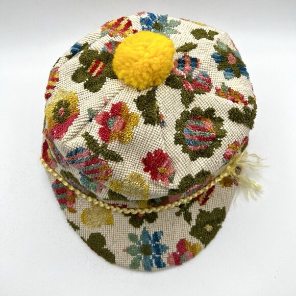 Vintage 60s Floral Chenille Tapestry Hat Pom Pom MCM Union Mod Hippy Medium READ - Picture 5 of 9